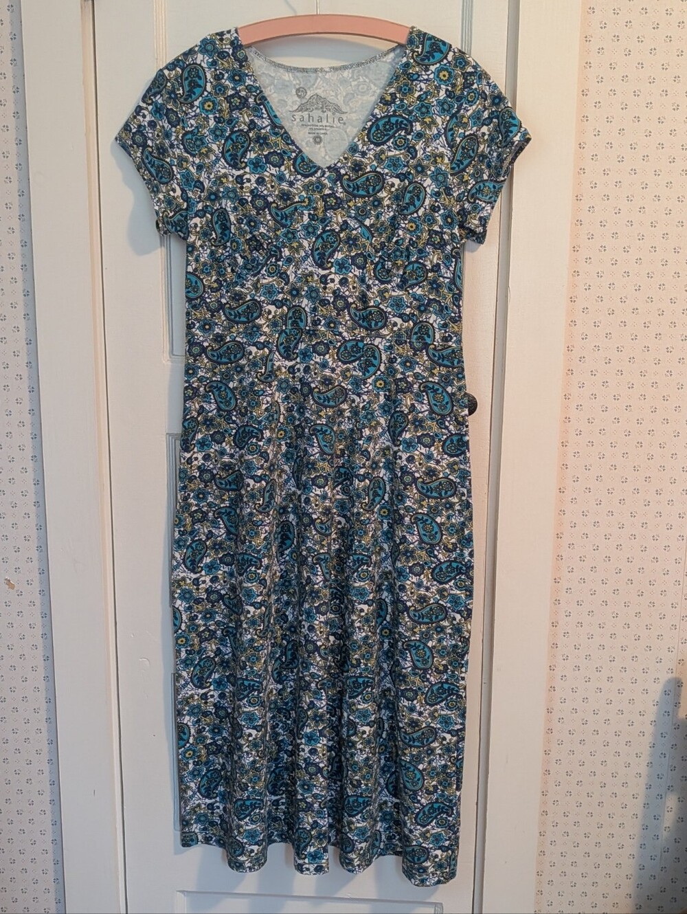Sahalie Dress Midi Teal Blue Paisley V-Neck Cotton Modal M Casual Comfy Boho